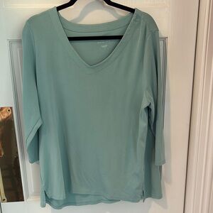 J Jill - Women's V-Neck Top with Three Quarter Sleeve in Light Teal